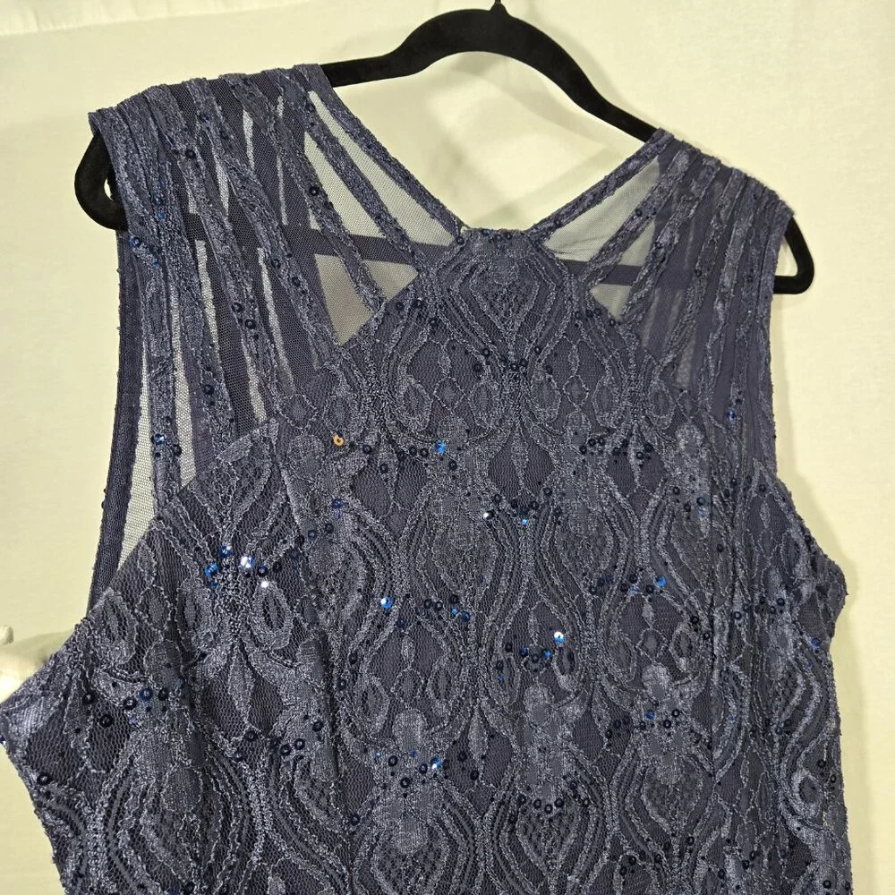 R & M Richards Mother Of The Bride BLUE Sequined Lace Sheer Formal Dress Size 16 - Picture 4 of 17